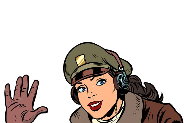 Meisje vrouw retro Aviator pilot Welkom gebaar — Stockvector