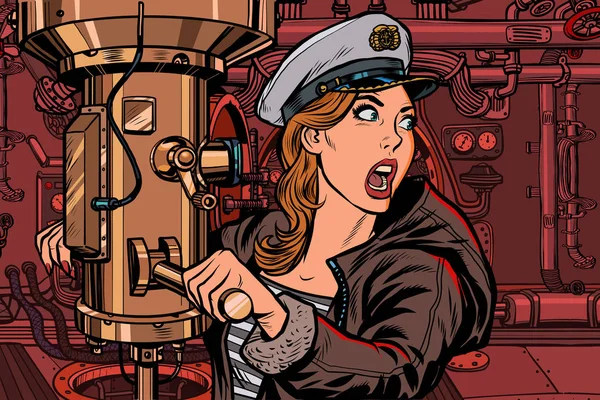 Submarino una mujer capitán, alerta de batalla — Vector de stock