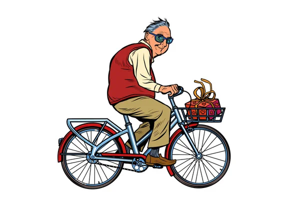 Старик с подарком, ездит на велосипеде — стоковый вектор