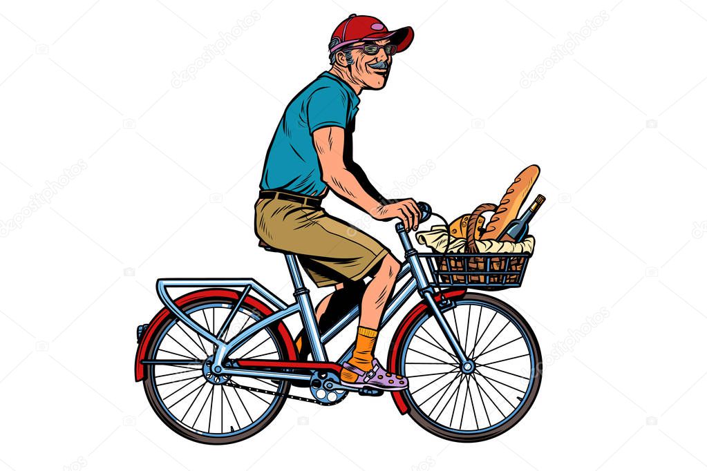 old man on bike with shopping food