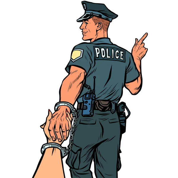 Volg mij politieagent gearresteerd vrouw. isoleren op witte achtergrond — Stockvector
