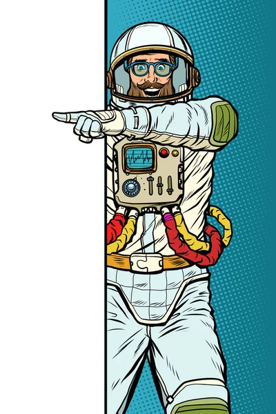 Man astronaut. Point to copy space poster — Stock Vector