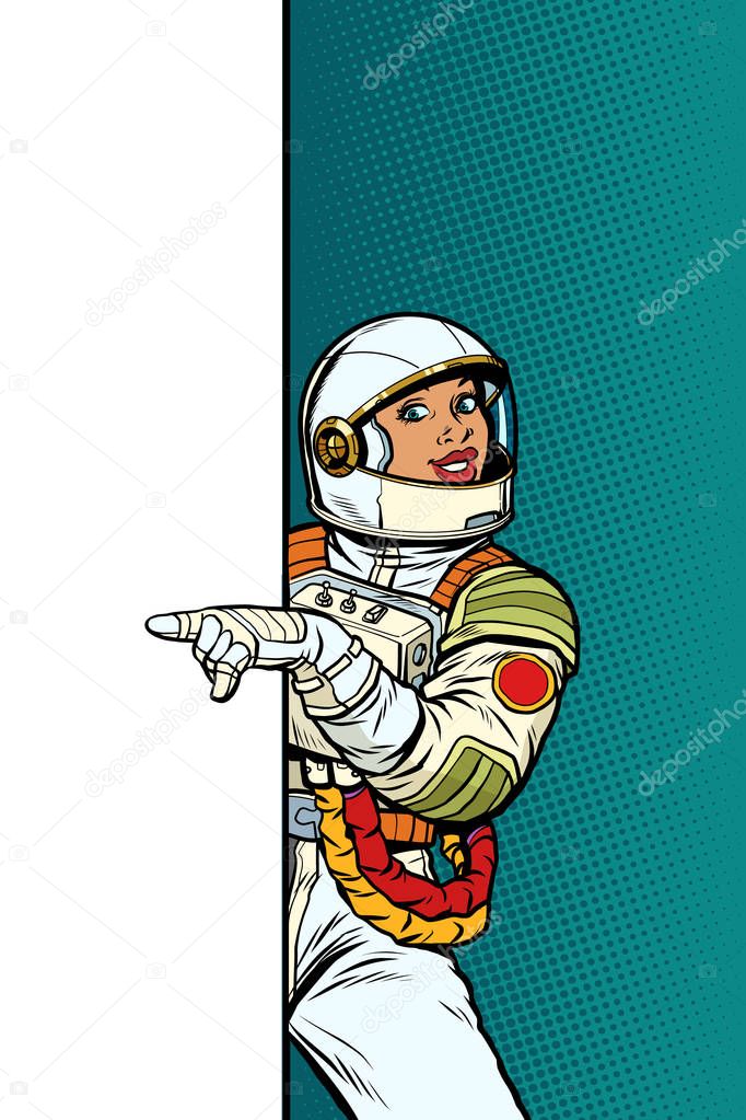 african Girl woman astronaut. Point to copy space poster