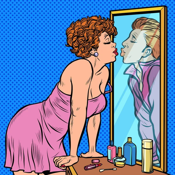 En kvinna kysser en man, reflektion i spegeln, dröm — Stock vektor