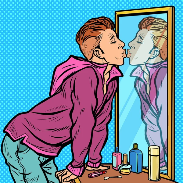 Een man kussen zijn eigen reflectie, narcissisme ego egoïsme — Stockvector