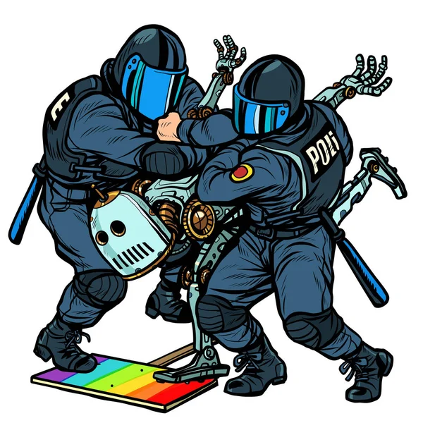 Lucha contra el futuro. Robot. Policía arresto activista protesta lgbt gay desfile — Vector de stock