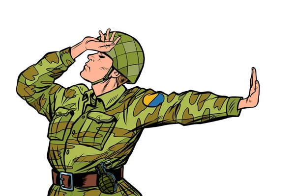 Soldat en uniforme honte déni geste non. anti militarisme pacifiste — Image vectorielle