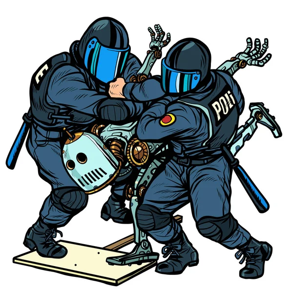 Luchando contra el futuro. Policía arresta a un robot protestando — Archivo Imágenes Vectoriales