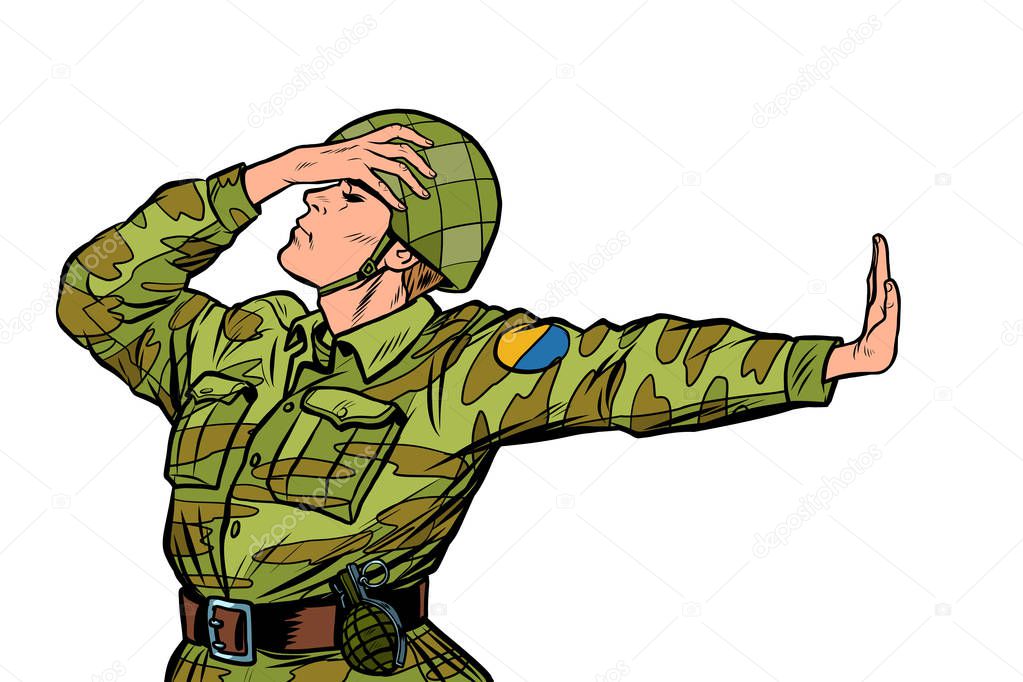 Caucasian soldier in uniform shame denial gesture no. anti militarism pacifist