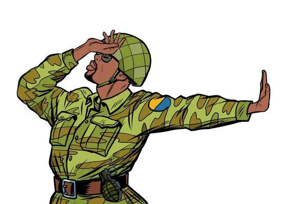 Soldat in Uniform Scham Verleugnung Geste nein. Pazifistischer Antimilitarismus — Stockvektor