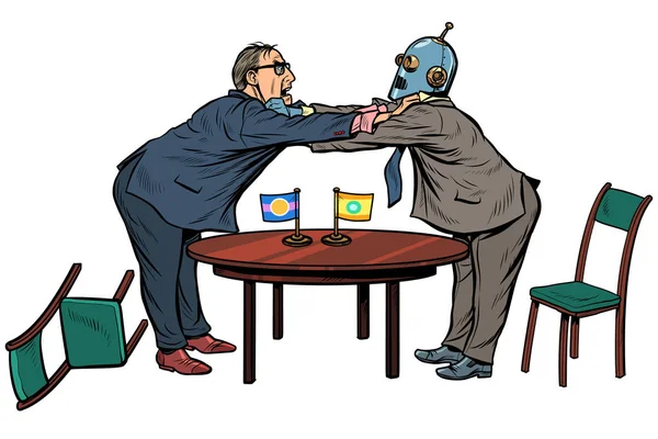 Politika diplomasisi ve müzakereler. adam robota karşı. yeni teknolojiler ve ilerleme kavramı — Stok Vektör