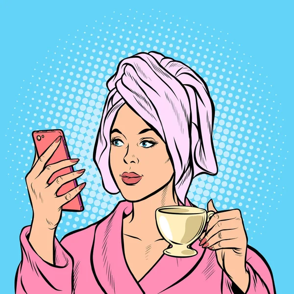 Mujer mañana baño café teléfono inteligente — Vector de stock