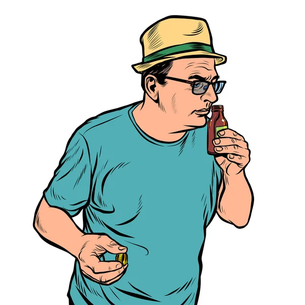 Un homme renifle une bouteille. parfum ou médicament — Image vectorielle
