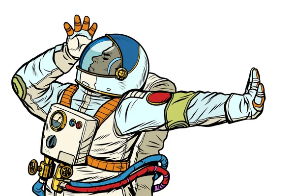 Astronaut in een spacesuit. Gebaar van ontkenning, schaamte, nee — Stockvector