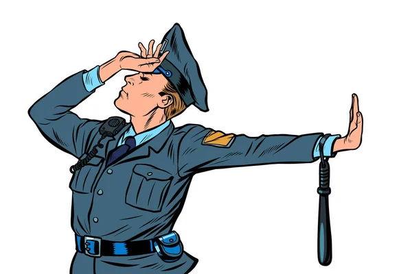 Caucasian police officer shame denial gesture no — Stock Vector