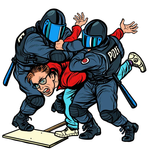 Полиция задерживает протестующего, насилие против оппозиции — стоковый вектор