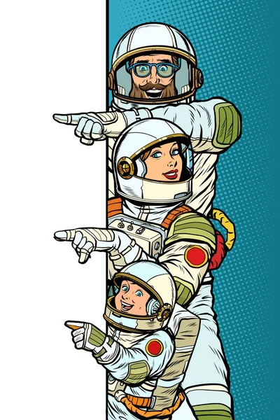 Family astronauts mom dad and son. Point to copy space poster — Stock Vector