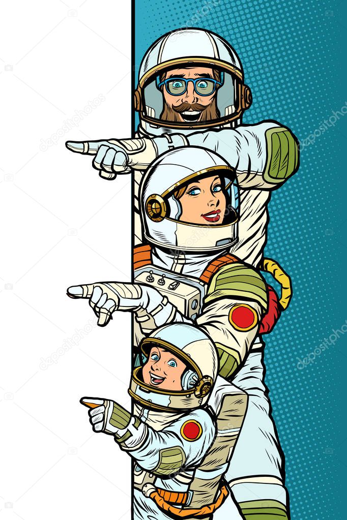 Family astronauts mom dad and son. Point to copy space poster