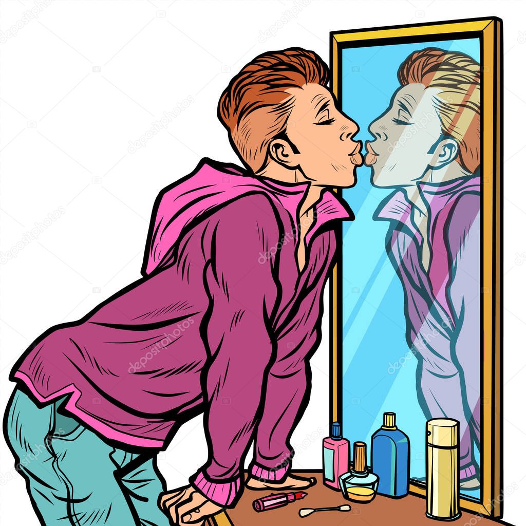 a man kisses his own reflection, narcissism ego selfishness