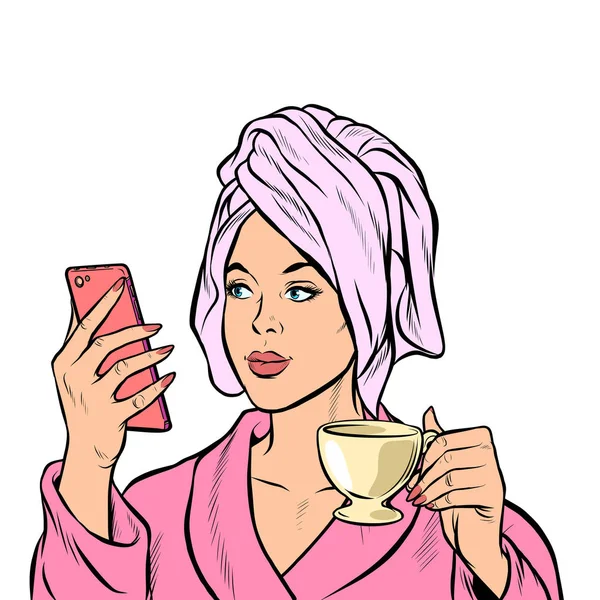 Жінка ранок ванна кімната кава смартфон — стоковий вектор