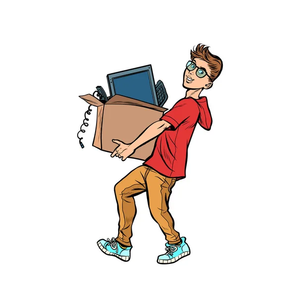 Boy desktop computer. Delivery and purchase — Stock Vector