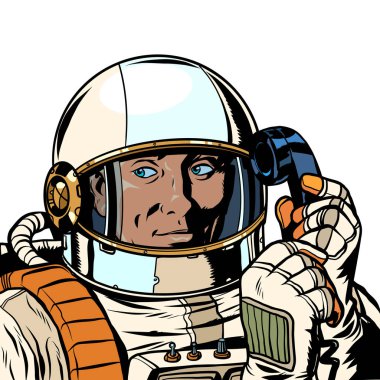 ciddi bir astronot retro telefonda konuşuyor. beyaz arka planda yalıtma