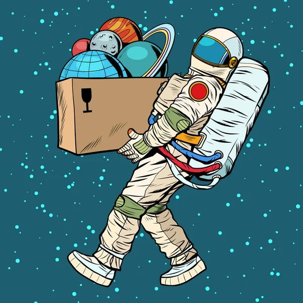 Έννοια της Εξερεύνησης του διαστήματος. αστροναύτης παίρνει τον πλανήτη σε ένα κουτί — Διανυσματικό Αρχείο