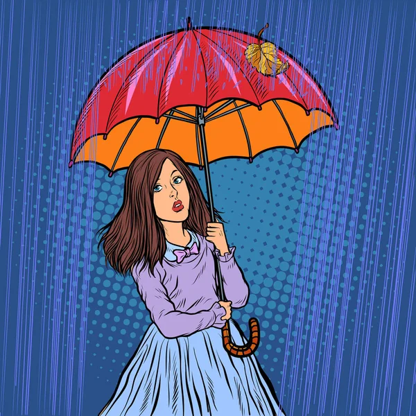 Chica en la lluvia bajo un paraguas — Vector de stock