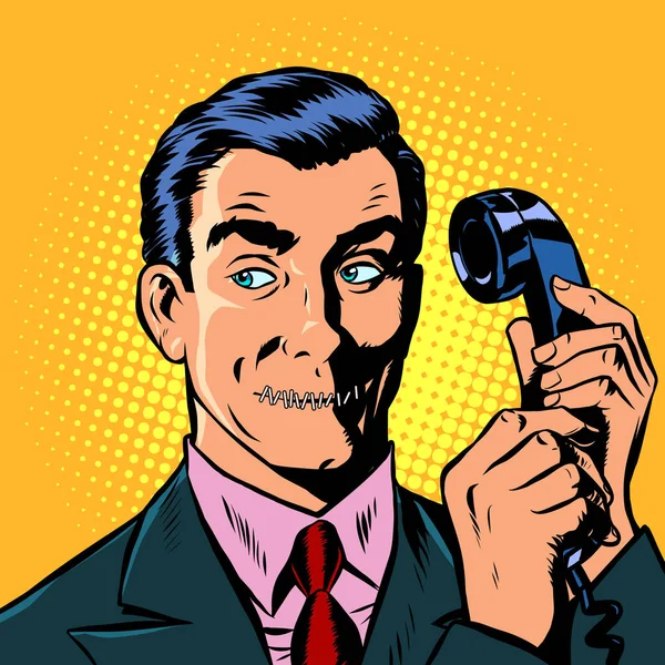 Mouth shut. serious man talking on a retro phone — Stock Vector