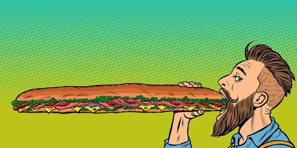 Homme mange un long sandwich — Image vectorielle