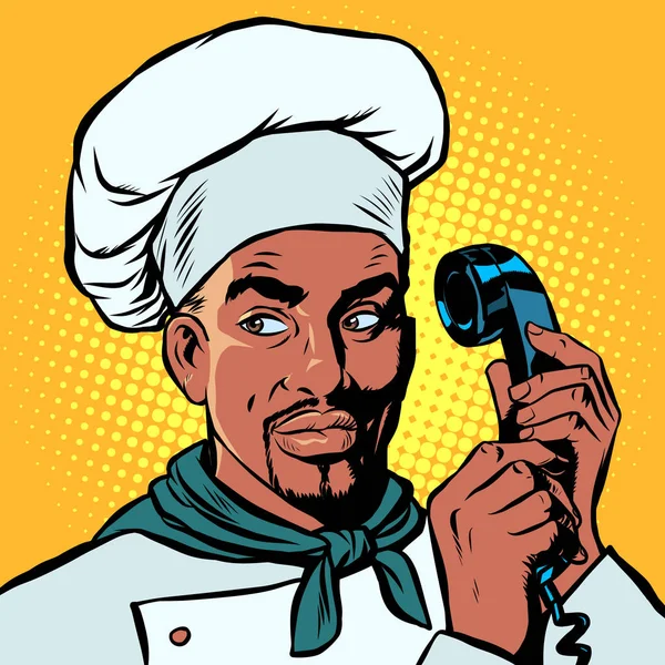 Livraison de nourriture. African Chef prend les commandes par téléphone — Image vectorielle