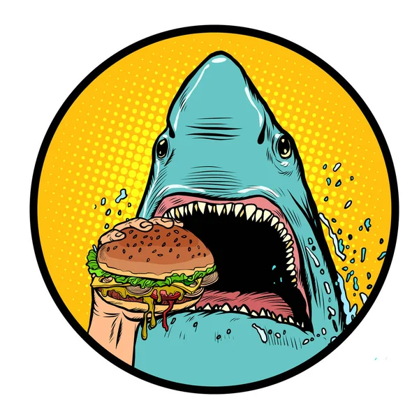Голодна акула їсть бургер — стоковий вектор