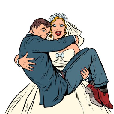 The bride carries the groom. Marriage and love. Man and woman couple clipart