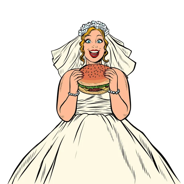Braut isst Fast Food Burger. Hungrige Frau — Stockvektor