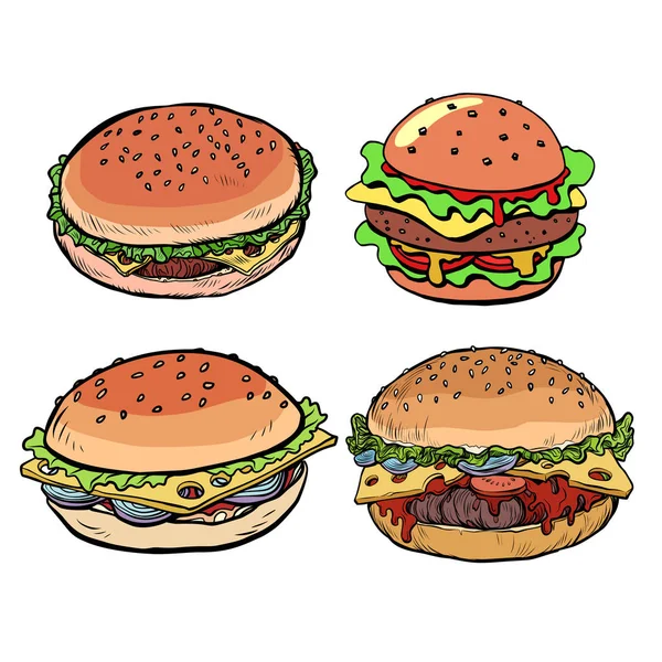 Coleção conjunto hambúrguer hambúrguer cheeseburger — Vetor de Stock