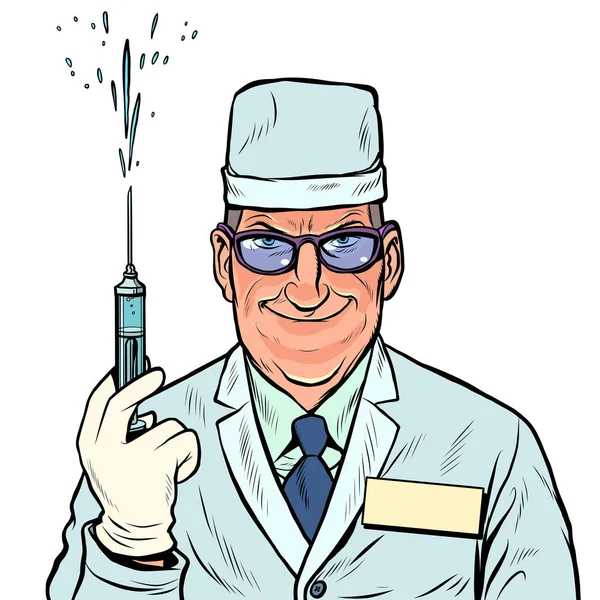 Doctor man with a syringe. Vaccination and injection — Stock Vector