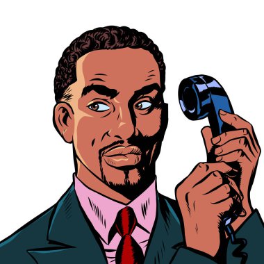 ciddi bir afrikalı adam retro telefonda konuşuyor. beyaz arka planda yalıtma