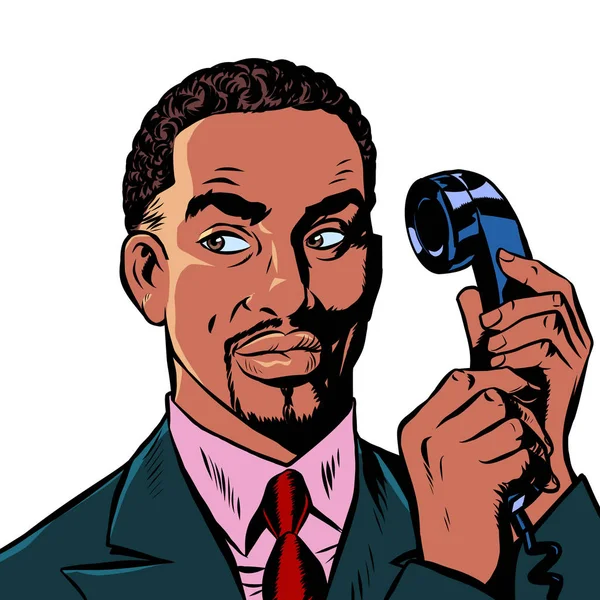 Sério homem africano falando em um telefone retro. isolado sobre fundo branco — Vetor de Stock