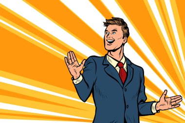 yakışıklı adam işadamı lideri sunar. reklam afişi