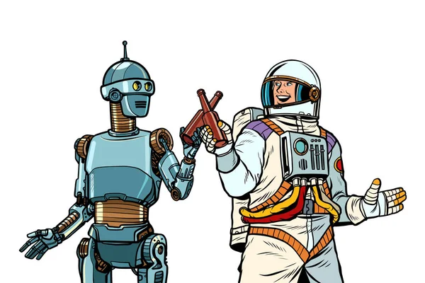 Robot en astronaut drinken bier samen — Stockvector