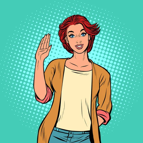Young woman gesture Hello — Stock Vector