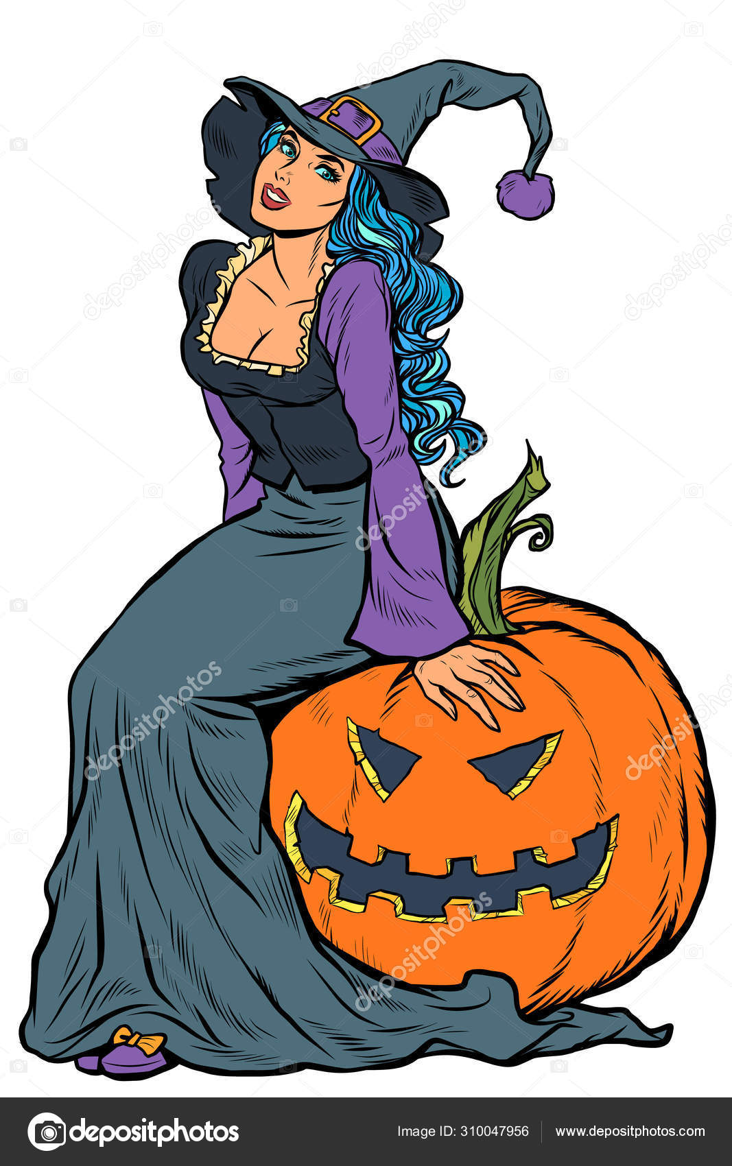 Halloweenheksa sitter på et gresskar stockvektor © studiostoks #310047956, image size:1067x1700