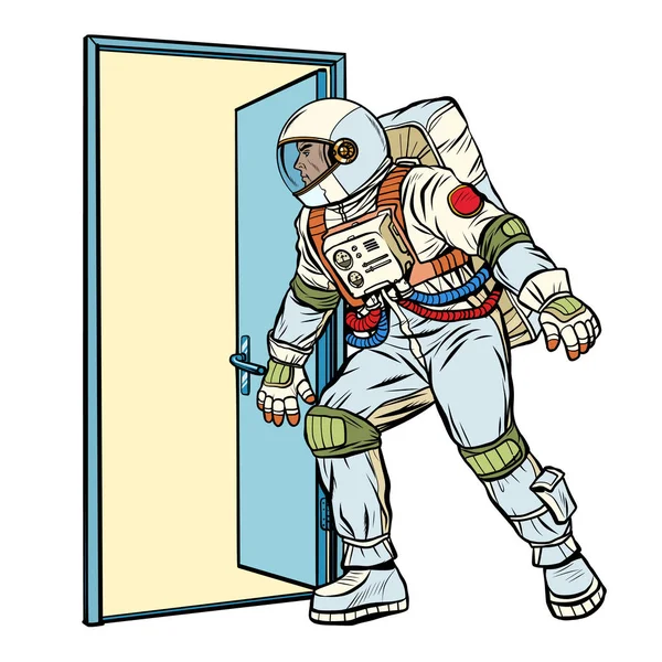 Astronaut öffnet die Tür zum Unbekannten — Stockvektor
