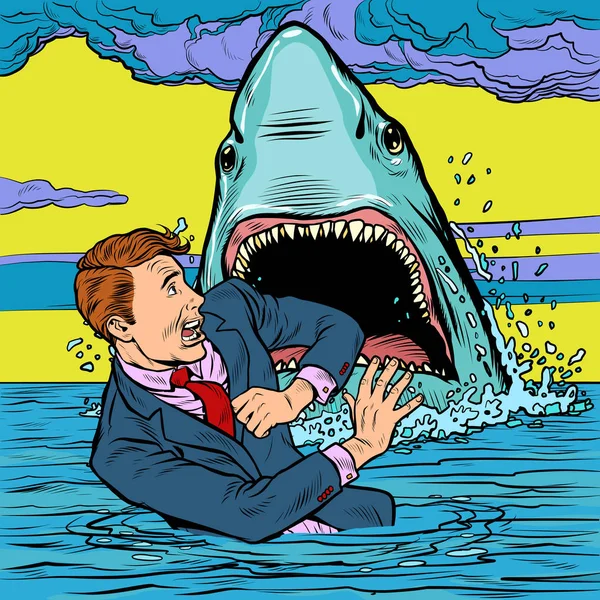 Le requin attaque l'homme d'affaires. Homme effrayé — Image vectorielle