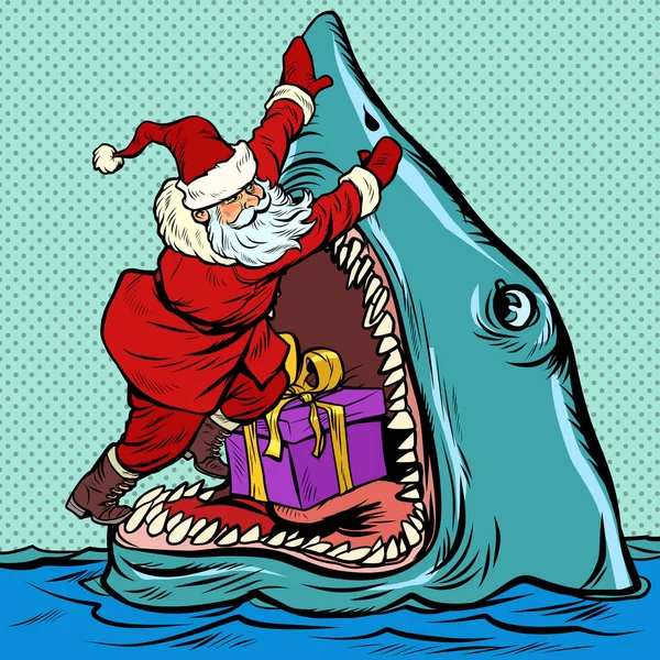 Ο Αϊ Βασίλης σπρώχνει το χριστουγεννιάτικο δώρο σε στόμα καρχαρία. — Διανυσματικό Αρχείο
