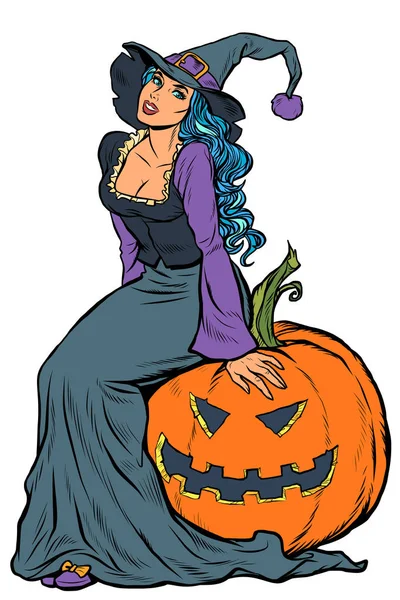 Halloween witch sitting on a pumpkin — Stock Vector