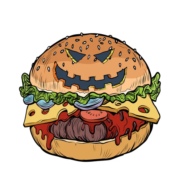 Burger fast food avec visage de citrouille Halloween — Image vectorielle