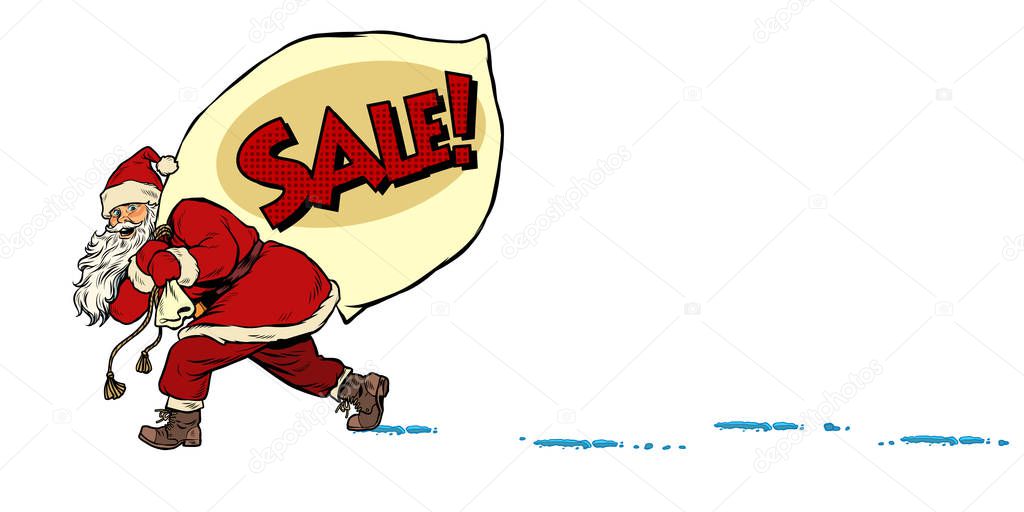 Christmas sale business concept. Santa with a bag of gifts. Christmas and New year