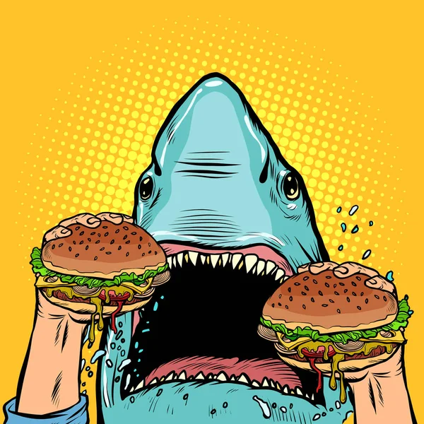 Le requin affamé mange le hamburger — Image vectorielle