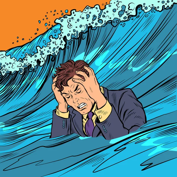 El hombre entra en pánico. Estrés de olas grandes — Archivo Imágenes Vectoriales
